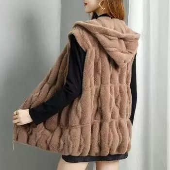 Жилет женский с капюшоном из искусственного норкового бархата, куртка-жилет, осень-зима, новый иностранный стиль, утолщенный наружный верх на молнии M recommends 90-100 верблюд