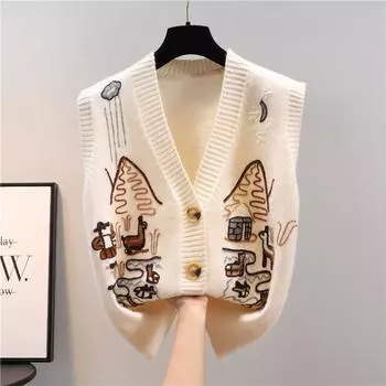 Жилет женский с V-образным вырезом вязаный свитер кардиган для осенней одежды свободный и толстый шерстяной жилет для верхней одежды S чёрный