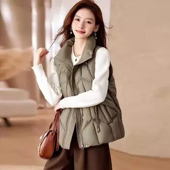 Жилет женский с воротником-стойкой, зима 2024, новый модный дизайн, теплый жилет из веревки, внешний жилет, прилив S хаки