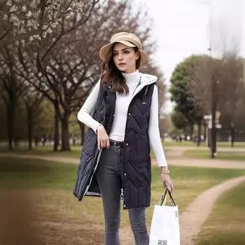 жилет женский средний и длинный тонкий и узкий утолщенный хлопковый жилет большой размер куртка с капюшоном L