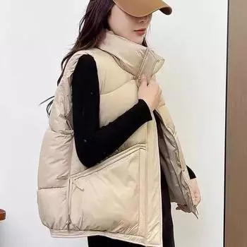 Жилет, зимний новый пуховый жилет женский модный на шнуровке с воротником-стойкой повседневный белый утиный пух универсальный теплый для улицы Average size 90-70 kg чёрный