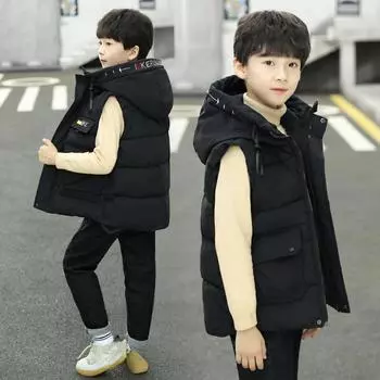 Жилеты для мальчиков, Осенняя и зимняя одежда, Хлопковые жилеты, Большие мальчики, Мальчики, Стиль вестерн, Утепленные детские куртки 170 чёрный