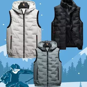 Жилеты с капюшоном мужские зимние однотонные утепленные безрукавки теплая куртка ветрозащитный повседневный жилет утолщенные парки куртки M чёрный