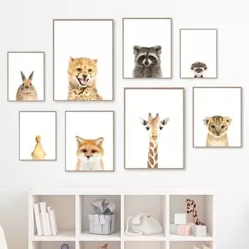 Жираф Кролик Лиса Лев Леопард Зебра Слон Плакат Детская Настенная Художественная Печать Холст Картины Современные Детские Дети Спальня Домашний Декор A4 21X30cm No Framed
