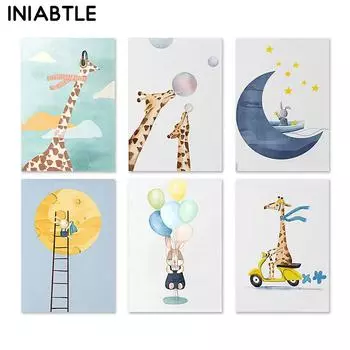 Жираф Кролик Луна Воздушный шар Акварель Детская Настенная картина на холсте скандинавские постеры с принтами настенные панно Декор для детской комнаты 21cm30cm NoFrame