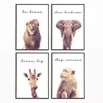 Жираф, кролик, слон, лев, холст, детский постер, настенное искусство, картина, печать, животное, живопись, скандинавский декор для детской спальни 21x30cm No Framed