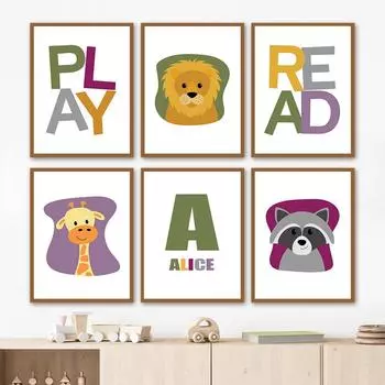 Жираф Лев Енот Буква А на заказ цитаты настенные художественные постеры принты скандинавская картина на холсте мультяшные картинки для декора детской комнаты 21cm30cm NoFrame