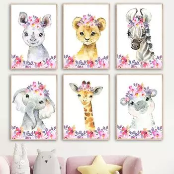Жираф Лев Слон Зебра Бегемот мультфильм плакаты на скандинавскую тему и принты настенная живопись на холсте настенные панно Декор для детской комнаты 21cm30cm NoFrame