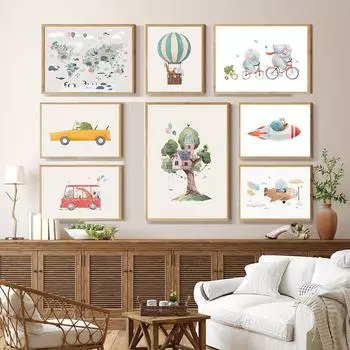 Жираф, слон, обезьяна, животное, автомобиль, дорожный детский постер и принт, холст, картина, скандинавские настенные художественные фотографии, домашний декор для детской комнаты A4 21x30cm no frame белый
