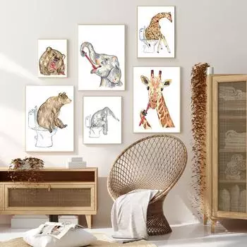 Жираф Зубная щетка Ванна Печать и плакаты Слон Туалет Холст Картина Винтаж Ванная комната Детская комната Украшение стены 21cm30cm NoFrame