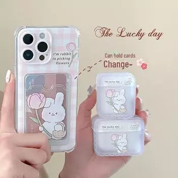 Zhitai Cartoon iPhone 12/13/14/15 Pro Case with Card Holder & 2/3 Gen Earphone Cover iPhone 7/8