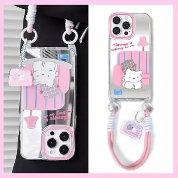 Zhitai iPhone 16 Pro Max Case with Lanyard & Mirror for Apple Models 12-15 Pro, Cartoon Design for Women iPhone 14 Plus/15 Plus