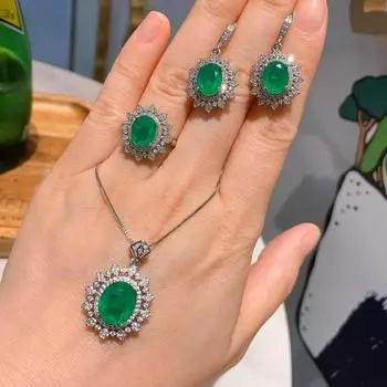 Живая S925 Серебряная игла имитация изумруда комплект кулон ожерелье кольцо серьги свадебные украшения комплект из трех предметов