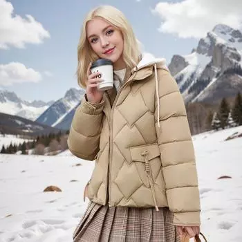 Живая шапка пуховая хлопковая подбитая одежда женская осень и зима 2024 новая короткая маленькая хлопковая подбитая куртка утолщенная модная хлопковая подбитая куртка M [Recommended below 50 kg] бежевый
