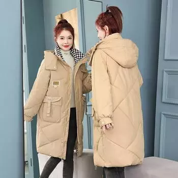 Живая шапка выше колена пуховая одежда женская зимняя одежда утолщенная теплая куртка корейская версия свободная куртка M хаки