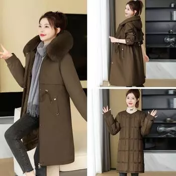 Живое лицо съемное одно платье три наряда женская средняя и длинная хлопковая одежда талия хлопковая куртка зимнее утолщенное хлопковое пальто M хаки