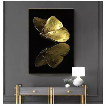 Живопись, абстрактные постеры и принты, настенные панно для украшения гостиной, домашний декор, Золотая бабочка, настенное искусство, холст, без рамки 21*30cm