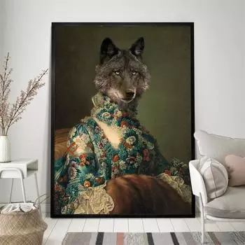 Живопись животных эпохи Возрождения, Голова волка, Человеческое тело, Настенное искусство с портретом Виктории, Абстрактная живопись маслом 21cm30cm NoFrame