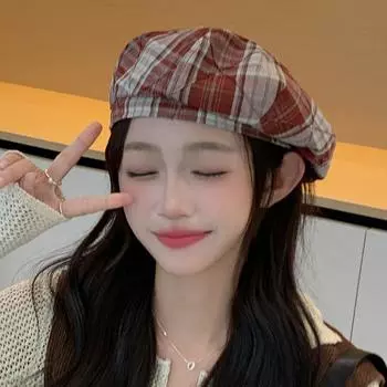 Живость литературный и художественный цветной клетчатый берет для девочек, уменьшающий возраст, лицо, маленькая шляпа художника, британский ретро-иностранный стиль, шляпа-бутон M56-58cm чёрный