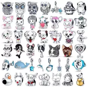 Животное 100% стерлингового серебра 925 пробы сова лиса синяя морская черепаха кулон подходит для модногооригинальный браслет DIY ювелирных изделий Pac091 белый