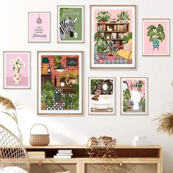 Животное Highland Cow в ванной комнате Wall Art Холст Картина Плакаты Ботаническая библиотека Монстера Лист Печать Для Кофейни Домашний Декор 21x30cm No Framed светло-желтого