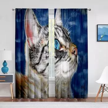 Животное кошка принт котенок котенок живопись прозрачная вуаль шторы для спальни гостиная кухня декор шифоновая тюль оконная занавеска 1 PCS W100XH250cm&Rod Pocket