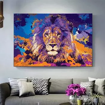 Животное Красочный Лев Холст Картина Настенное Искусство Принты в Скандинавском Стиле и Плакаты Фотографии Современная Гостиная Домашний Декор 21x30cm No Frame