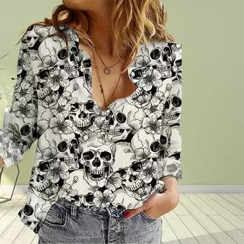 Животное Крутой Скелет Принт Женская Блузка Весна Осень Сорочка Femme Офисная Дама Застежка На Пуговицах Отложной Воротник Рубашки Женские Блузки Femme XS белый