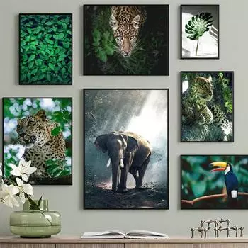 Животное Леопард Слон Холст Настенный Принт Джунгли Монстера Растение Листья Художественная Живопись Тукан Плакат Современное Украшение Дома Фотографии 21cm30cm NoFrame