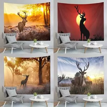 Животное Лось Гобелен Дикая природа Осенний лес Закат Настенный ковер Спальня Гостиная Общежитие 100x75cm