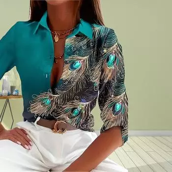 Животное Павлиньи перья принт женская блузка весна осень сорочка женская офисная женская блузка с отложным воротником на пуговицах женские блузки женские XS синий