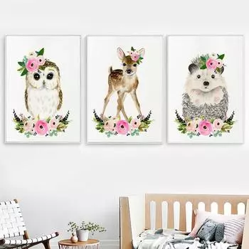 Животное пятнистый олень енот ежик в цветах детские постеры и принты настенное искусство холст картины настенные картины декор детской комнаты без рамки 21*30cm No Frame