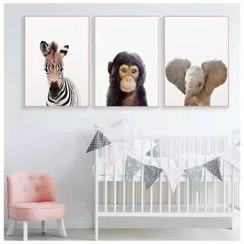 Животное ребенок Зебра Лев Слон Холст Плакат Детский сад Настенная печать Минимализм 21cm30cm NoFrame