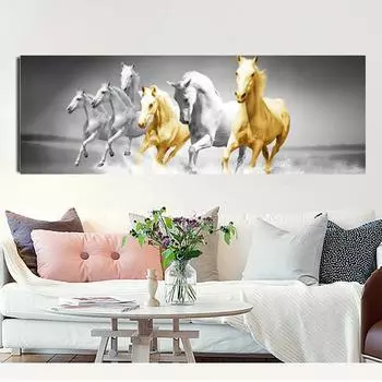 Животное семь бегущих лошадей золотой холст живопись черно-белые постеры и принты настенные художественные фотографии домашний декор без рамки 20*40cm
