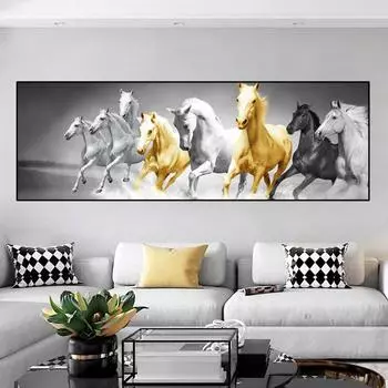 Животное семь бегущих лошадей золотой холст живопись черно-белые постеры и принты настенные художественные фотографии домашний декор без рамки 20*40cm