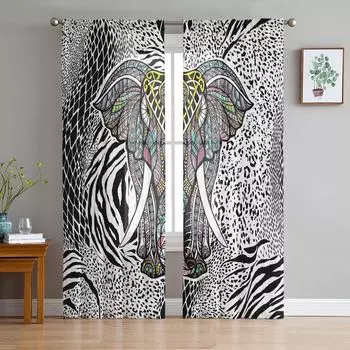 Животное Слон Мандала Зебра Текстура Прозрачные Шторы для Украшения Гостиной Оконные Шторы Кухонные Тюль Вуаль Шторы W135 x H115cm x1