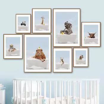 Животное в ванне Лев Тигр Лама настенная живопись на холсте туалет причудливые постеры и принты настенные панно Забавный декор для ванной комнаты A4 21X30cm No Framed