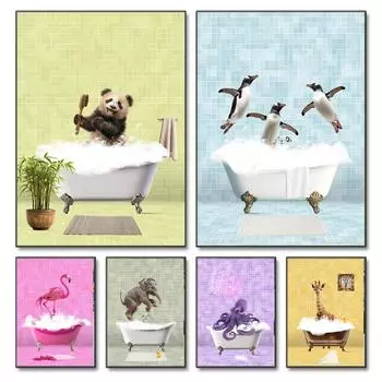 Животное в винтажной ванне Слон Панда Пингвин Красочные постеры и принты Печать на холсте Настенная картина для декора ванной комнаты 21cm30cm NoFrame