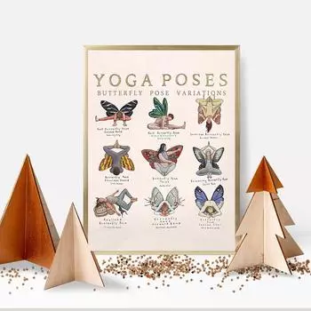 Животные Бабочки Виды Йога Позы Плакаты Медитация Ретро Настенное Искусство Винтажная Картина На Холсте Печать для Гостиной Домашний Декор 21x30cm No Framed бордовый