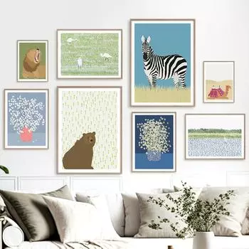 Животные Цапля в болотах Верблюд Лев Зебра Плакаты Цветочный натюрморт Пейзаж Искусство Картина на холсте Настенные картины Украшение дома 21x30cm No Framed светло-зеленый