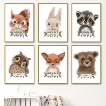 Животные джунглей, белка, енот, сова, лиса, медведь, настенная живопись на холсте, постеры на скандинавскую тему и принты, настенные панно для декора детской комнаты 21cm30cm NoFrame