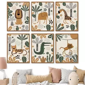 Животные джунглей Бохо Обезьяна Слон Лев Крокодил Тигр Детские постеры Настенные художественные принты Картина на холсте Декор для детской комнаты A4 21X30cm No Framed