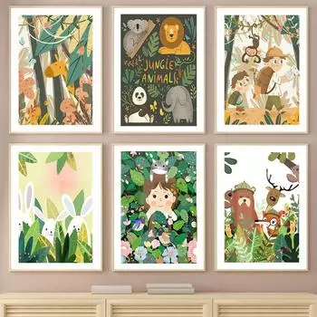Животные джунглей Лесной Жираф Обезьяна Панда Приключения Живопись Скандинавские Плакаты И Принты Настенные Картины Декор Детской Комнаты 21x30cm No Framed