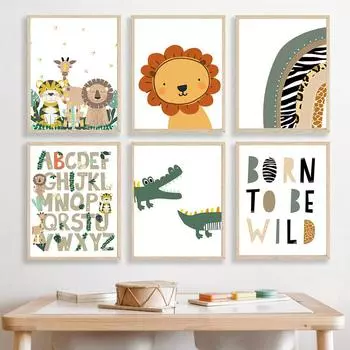 Животные джунглей Лев Крокодил Детская Стена Книги по искусству Принт Холст Картина Плакат для детей Мальчики Девочки Детские комнаты Обучающий Декор 21X30cm No Framed