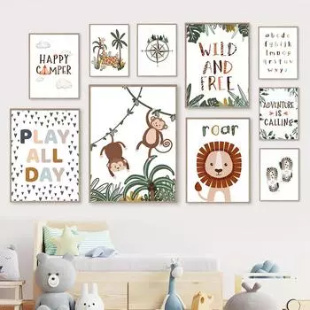 Животные джунглей обезьяна Лев Жираф мультфильм настенный плакат алфавит детская холст настенное художественное украшение дети детская спальня фотографии 21x30cm No Frame