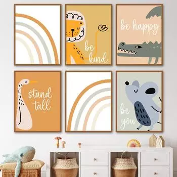 Животные джунглей Радуга Бохо Лев Крокодил Лебедь Детские постеры Настенные художественные принты Картина на холсте Детская комната Украшение дома A4 21X30cm No Framed