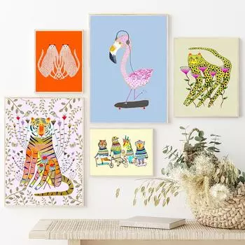 Животные Гепард Тигр Настенные Картины Крутые Велосипедные Друзья Художественные Принты Детские Холст Картины Постеры Для Детской Девочки Спальня Декор Без Рамки 21*30cm No Frame