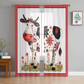 Животные Коровы Акварельные Цветы Прозрачные Шторы для Детей Спальня Гостиная Вуаль Оконные Шторы Тюль Шторы W135 x H114cm