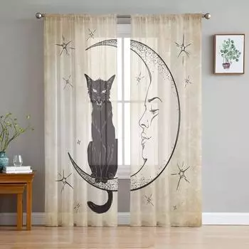 Животные Кошки Луна Звезды Ретро Тюль Прозрачные Шторы для Украшения Гостиной Оконные Шторы Для Спальни Вуаль Органза Шторы W135 x H115cm x1&Rod Pocket