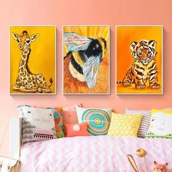 Животные Настенный художественный постер с принтом Жираф Пчела Тигр Лев Слон Овца Холст Картина Украшение Картина для эстетического декора комнаты A4 21x30cm No Frame